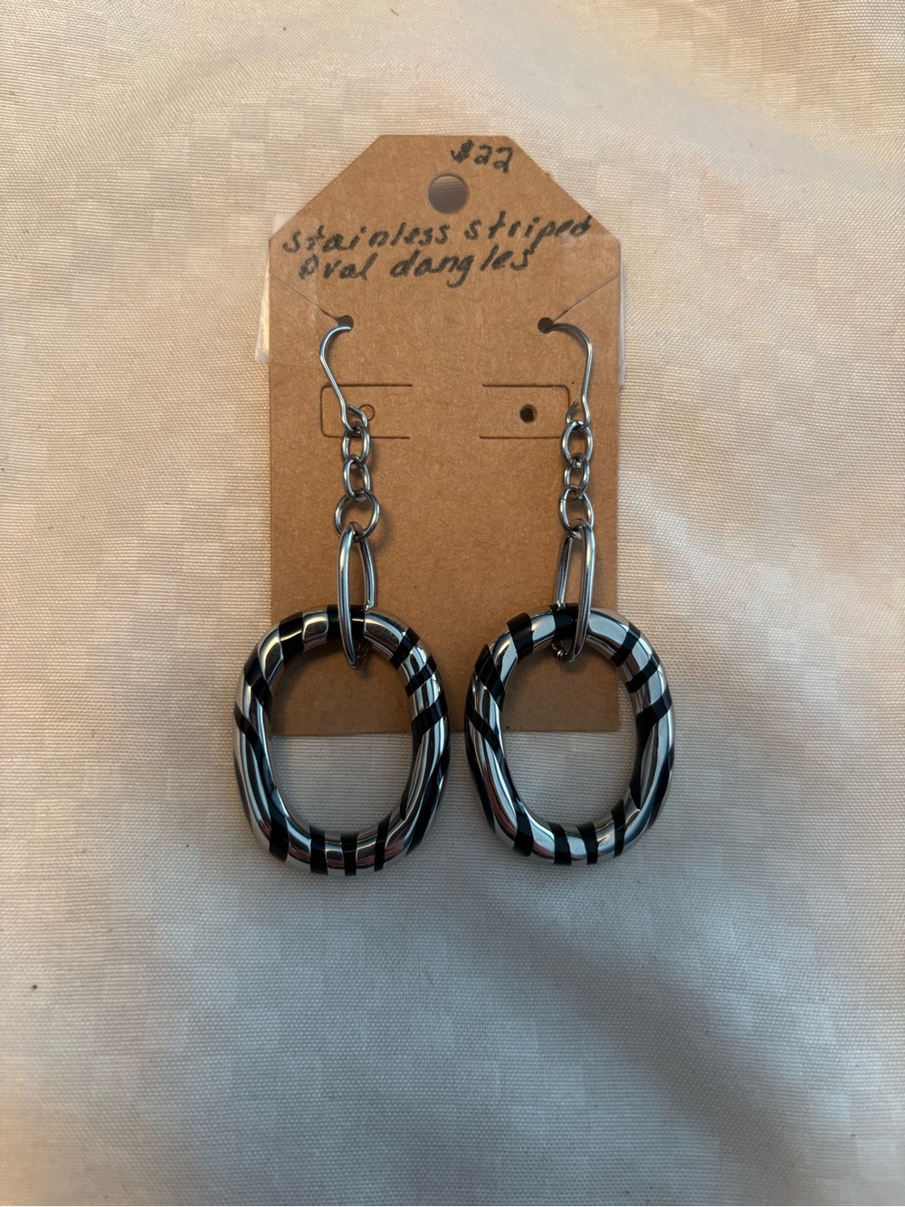 Stainless Steel Striped Oval Dangle Earrings - Silver/Black